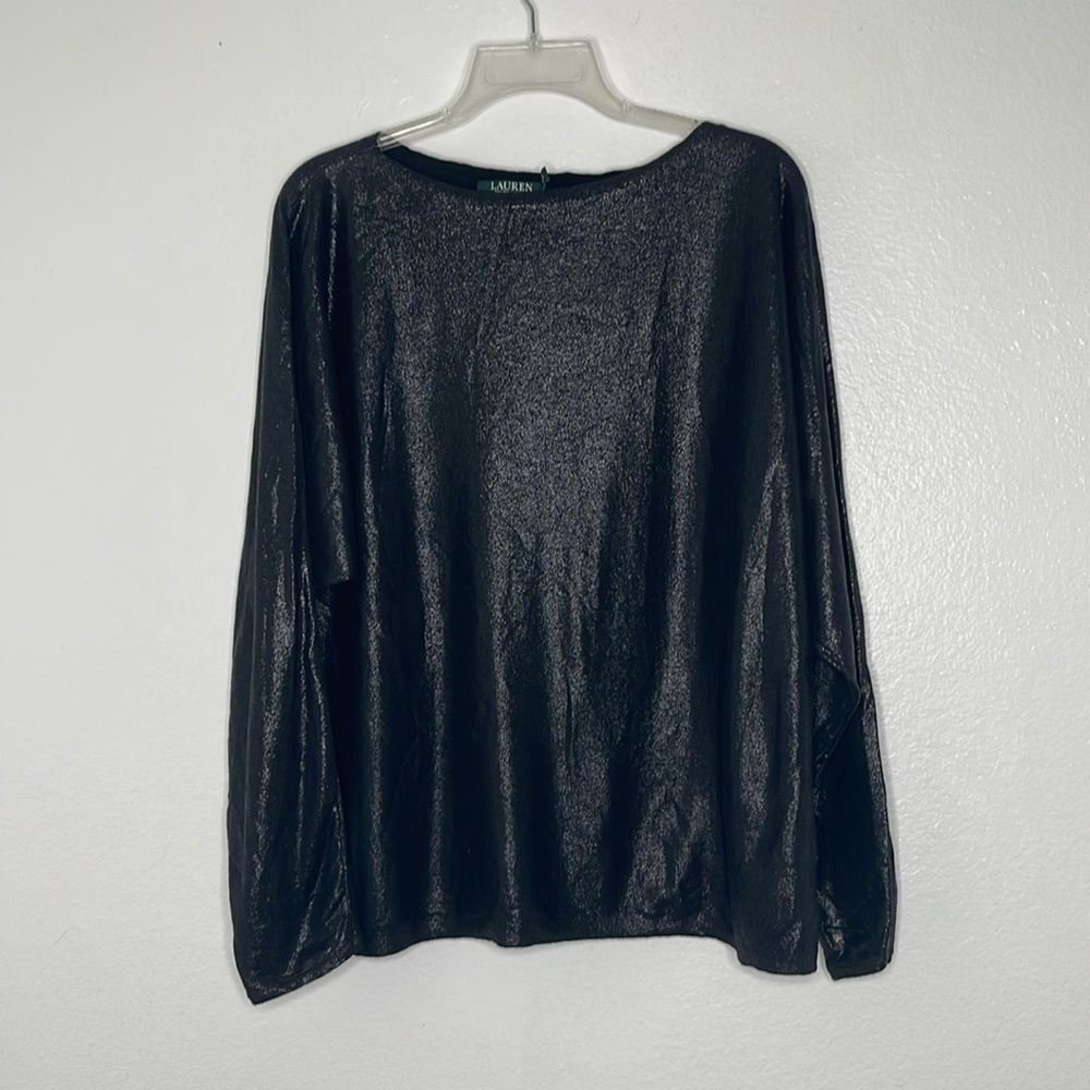 Lauren Ralph Lauren Black Shimmer Coated Cotton Blend Long Sleeve Sweater Sz XL